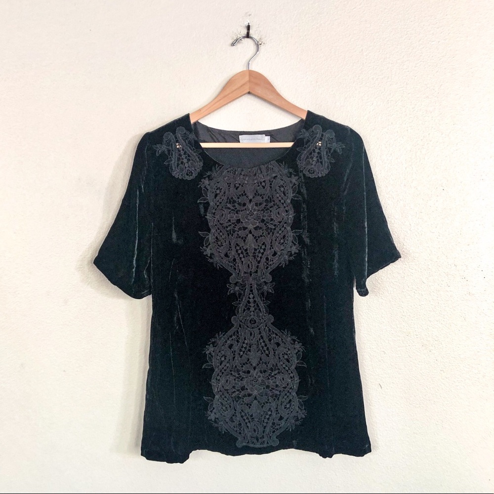 Johnny Was 4 LOVE AND LIBERTY 100% Silk Velvet Lace Inset Short Sleeve Top